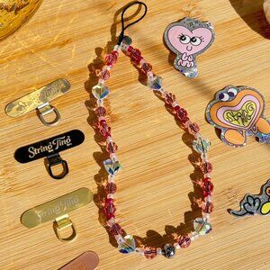String Ting Swarovski Baby Pink Crystals w Hearts Wristlet Phone Strap